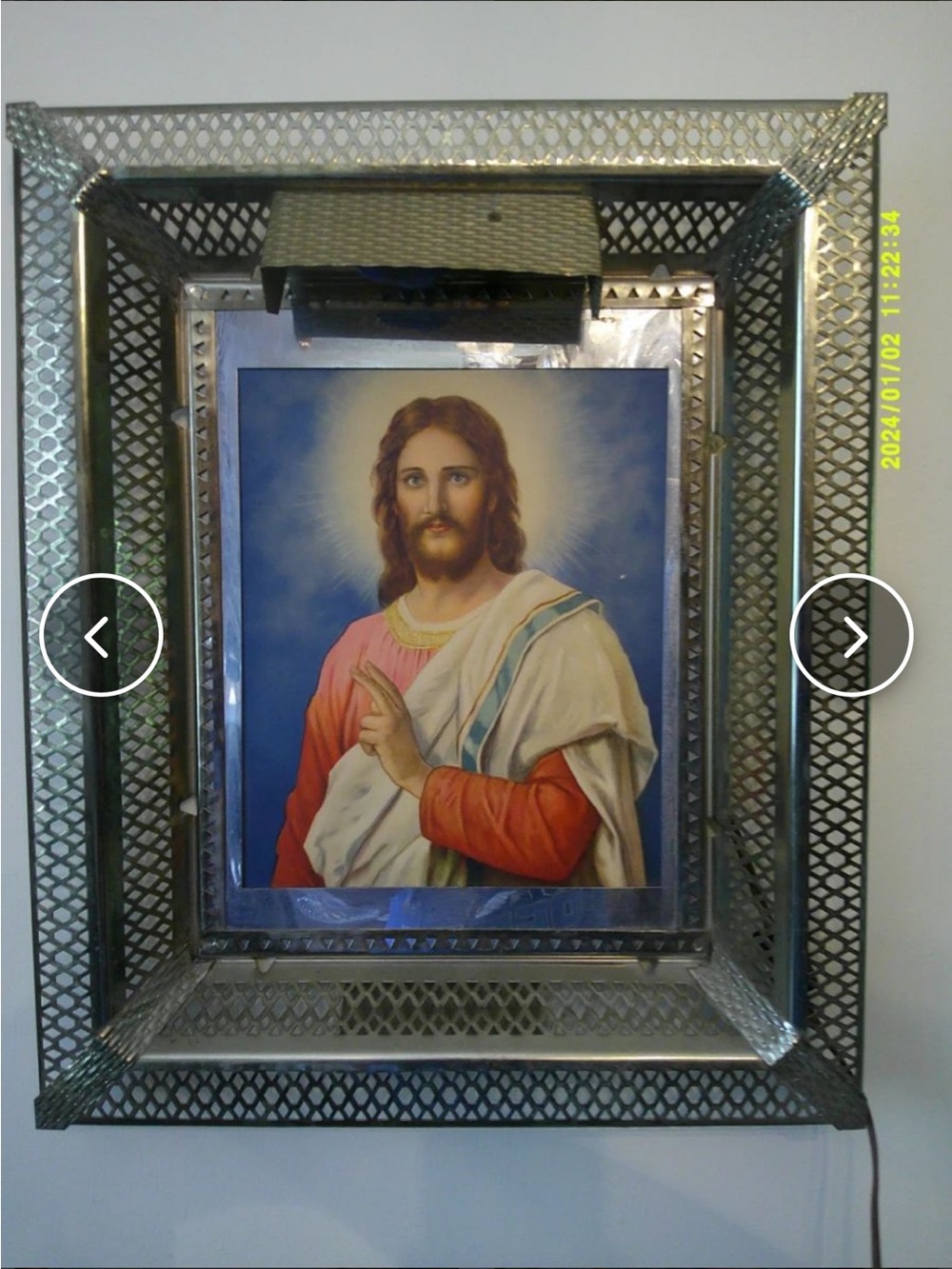 1940’s Framed Lightup Religious Jesus Portrait with Silver Filigree Metal Frame